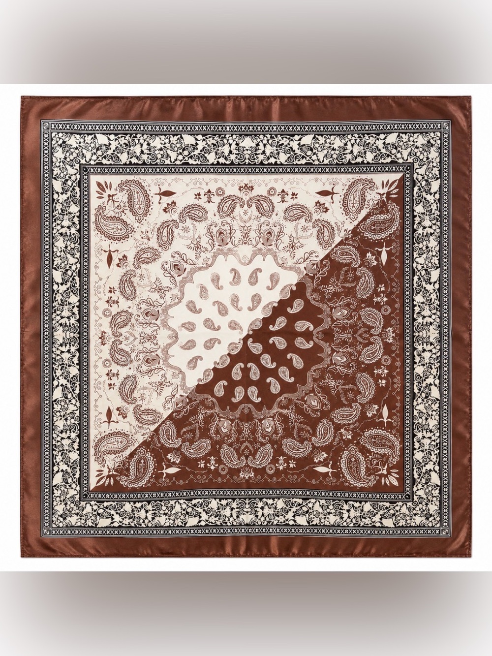 Large Paisley Square Scarf 35” x 35” Brown Cream Black Silky Satin Feel